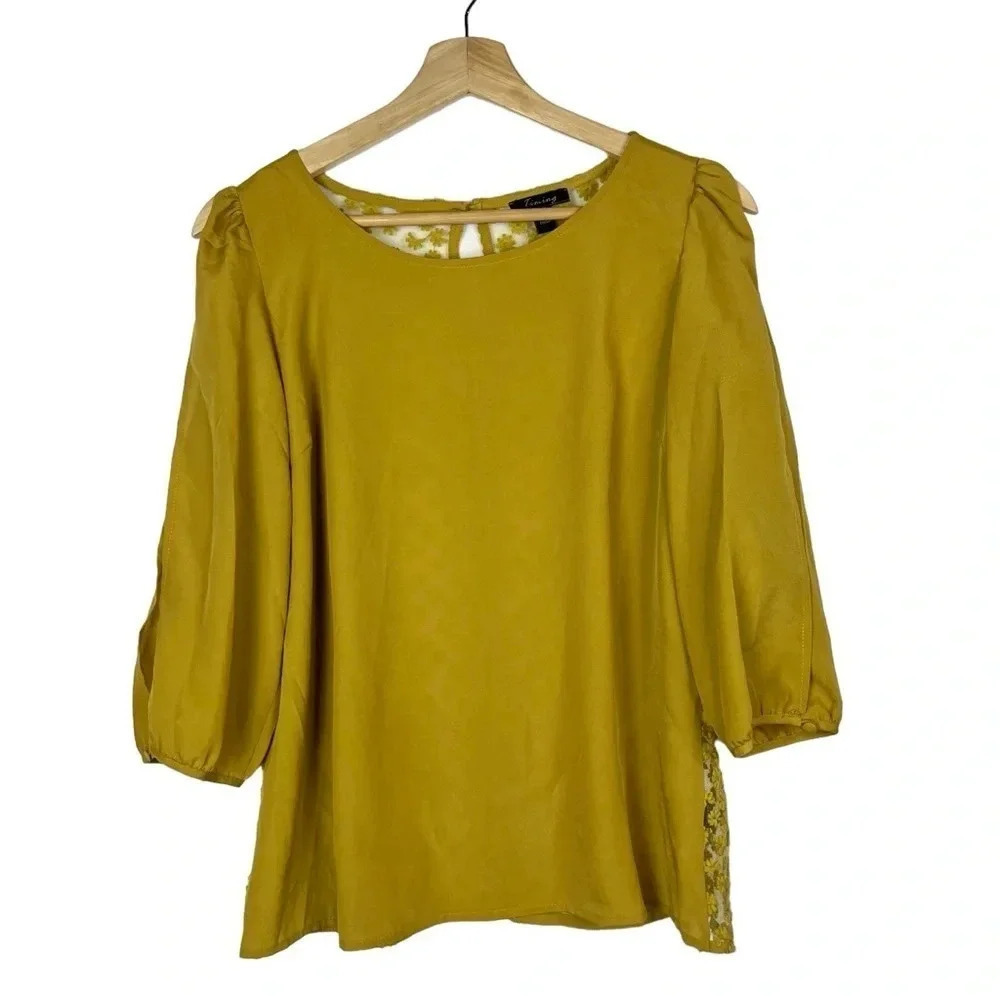Timing Mustard Yellow Floral Lace Button Back Long Sleeve Blouse L